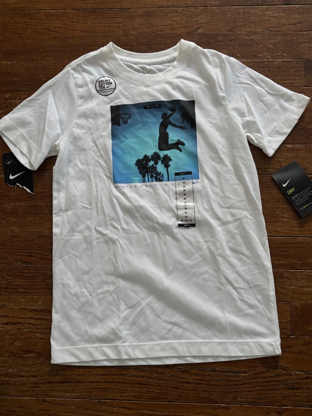 Nike White Short-Sleeve Tee with Blue Basketball Graphic Boys size Medium Lebron